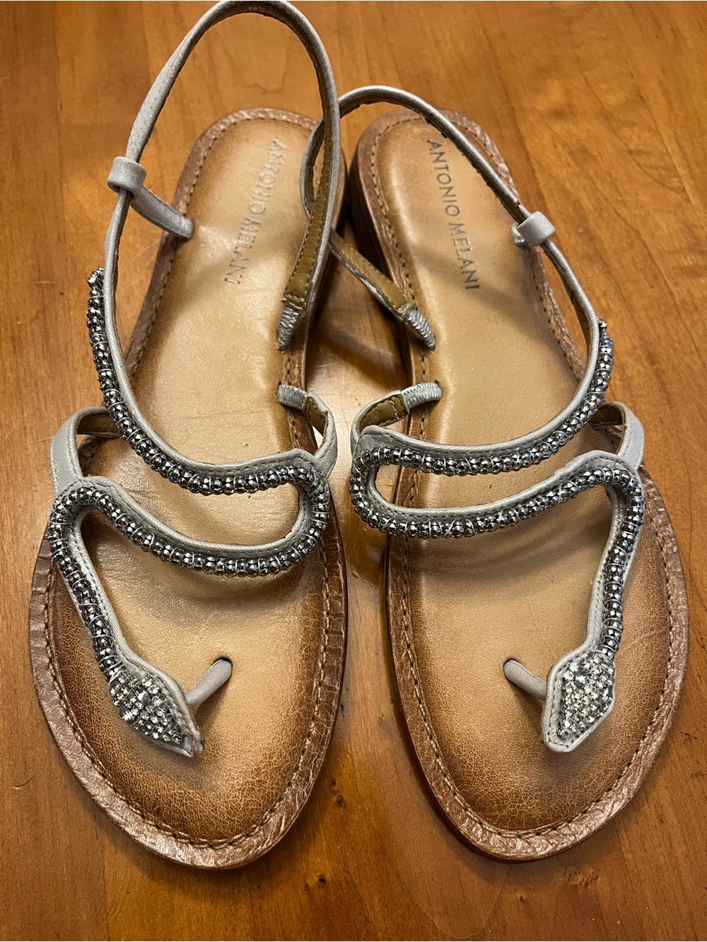 ANTONIO MELANI Silver Beaded Snake-Style Sandals